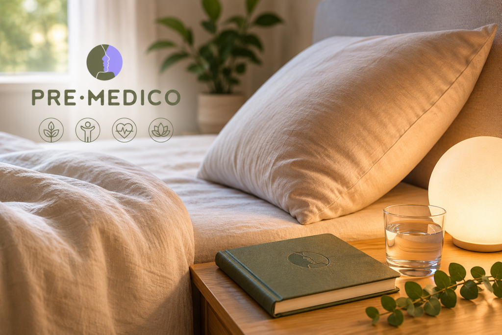 KI generiertes Bild vom Bett mit Beistelltisch und Logo von Premedico