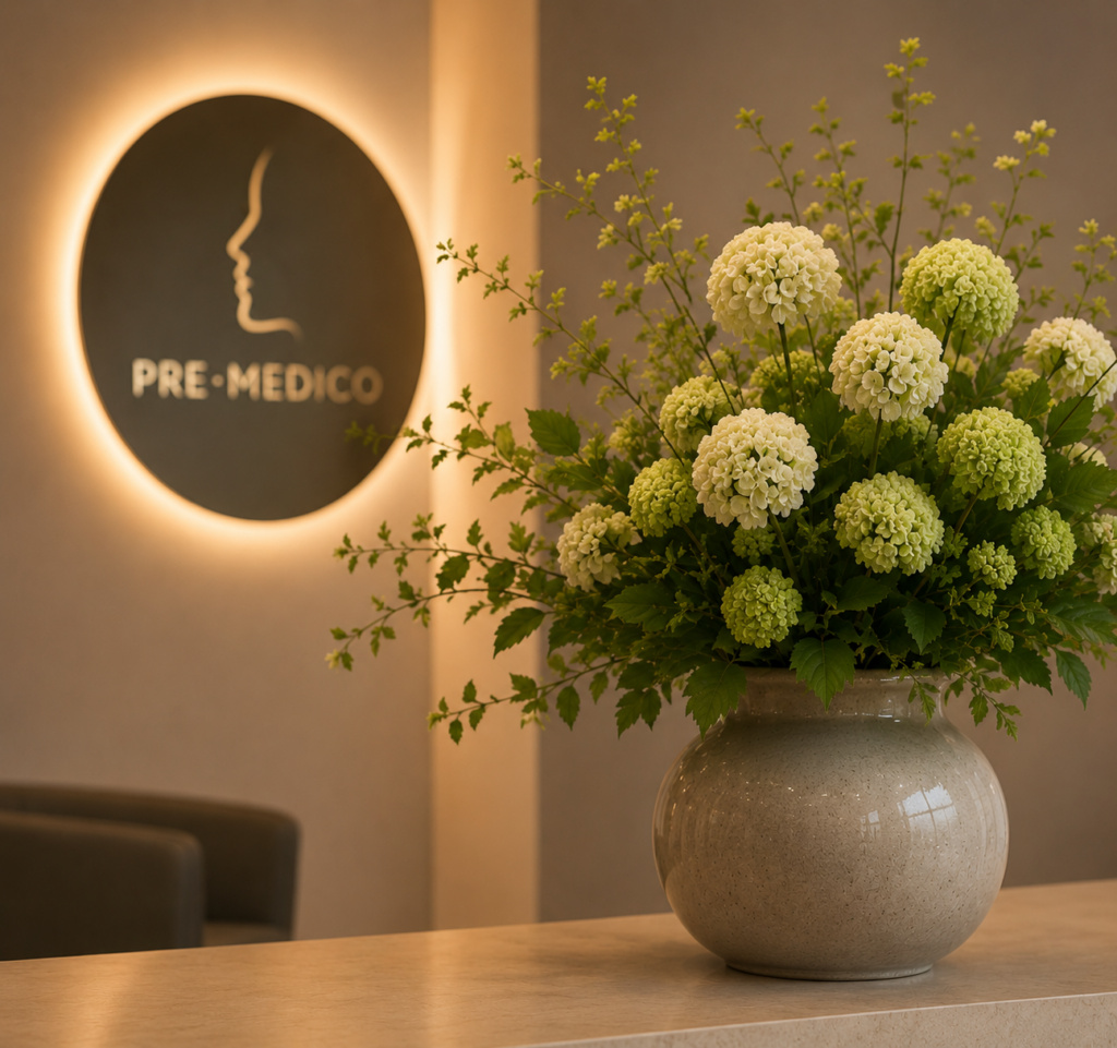 KI generiertes Bild vom Eingangsbereich der Praxis mit Blumenstrauß auf der Theke